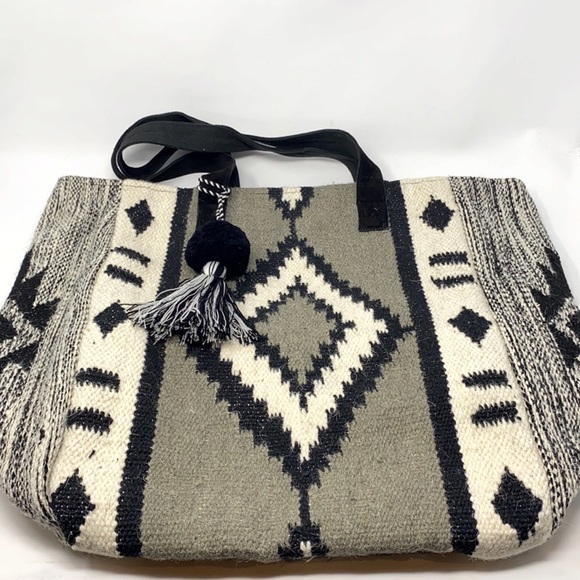 Panache Boho Aztec Woven Tote Bag With Pom Detail - Picture 3 of 10